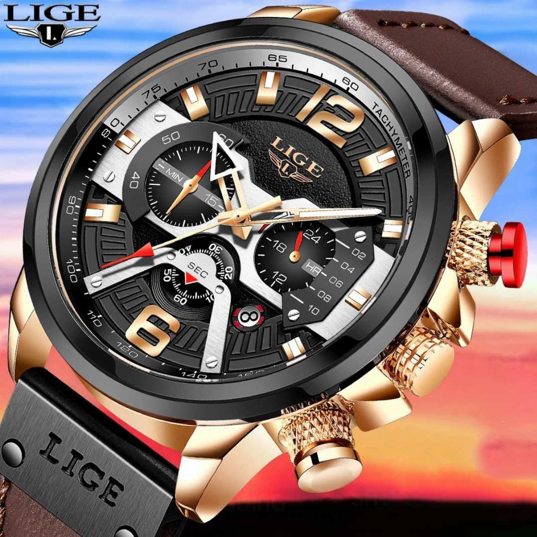 LIGE,8917,Watch,For,Men,Luxury,Brand,Chronograph,Military,Genuine,Leather,Waterproof,Wristwatches,