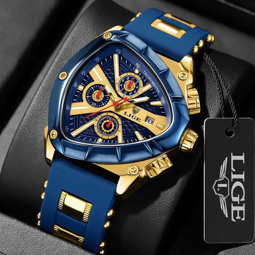 LIGE,89103,Blue,Luxury,Triangular,Dial,Chronograph,Sports,Silicone,Wrist,Watch,for,Men